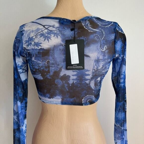 Brand New Pretty Little Thing Women’s 4 Blue Dragon Print Long Sleeve Crop Top - Picture 2 of 13